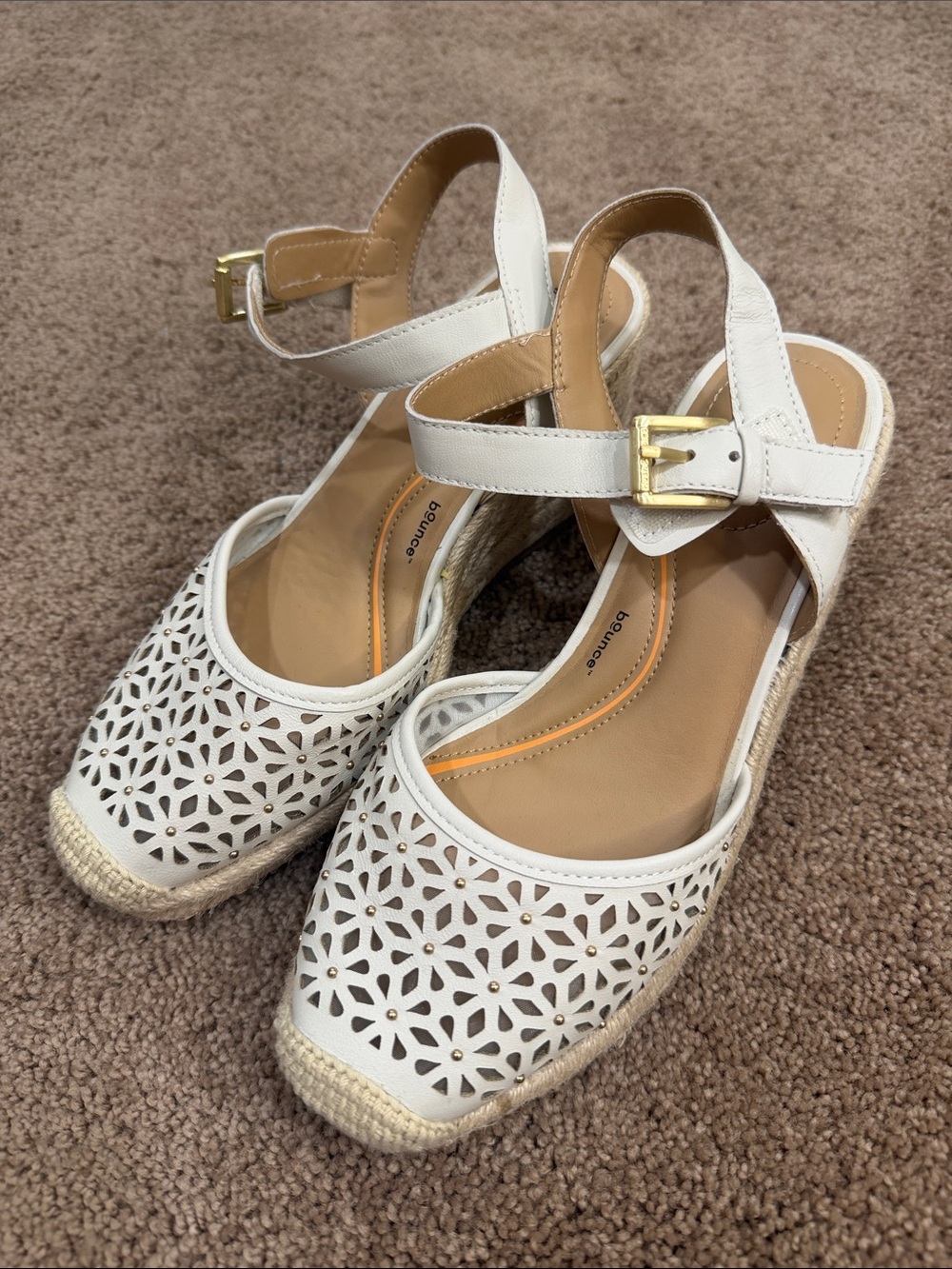 Hush Puppies White Laser-Cut Espadrille Wedge Sandals with Gold Buckle